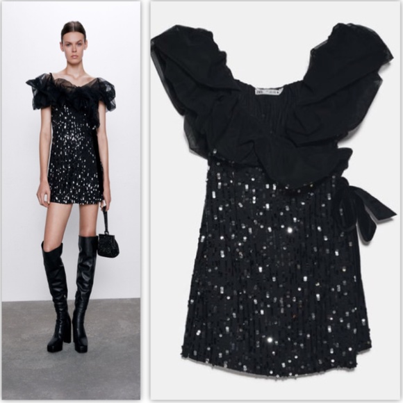 L & XL Zara Black Combination Sequin Dress NWT - Picture 7 of 9